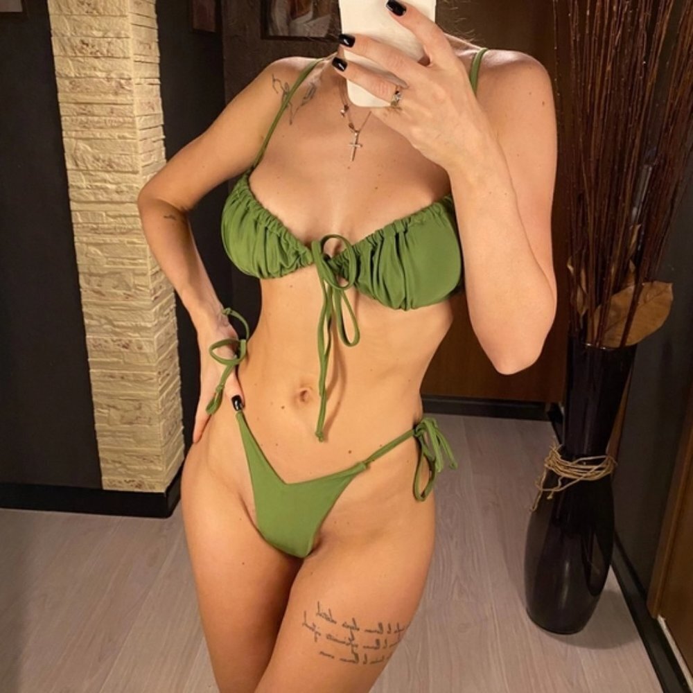 Army Green Ruched Top and Brazilian Bottom Bikini Set Size L